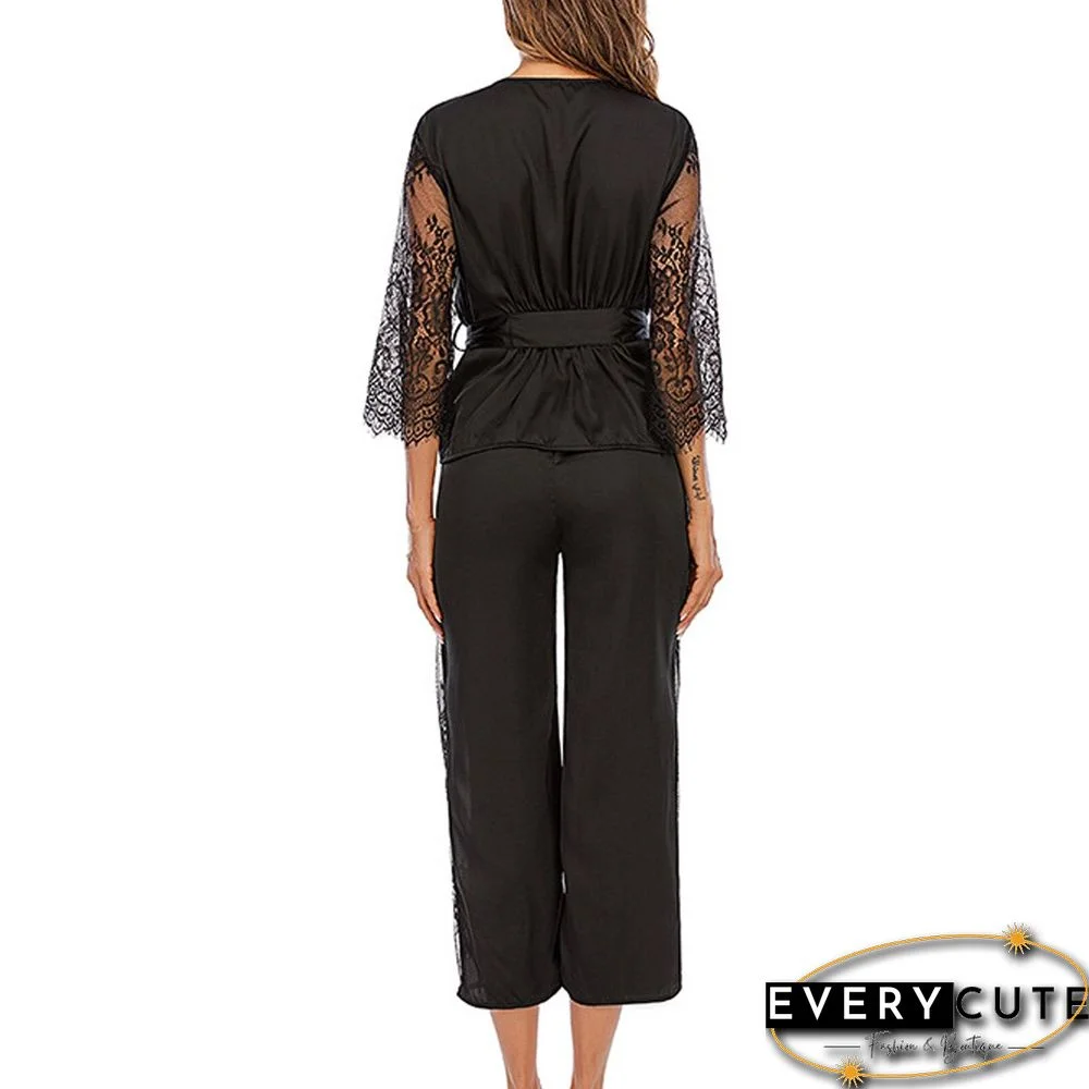 Women 2 Piece Set Sexy Two Piece Fashion Sexy Lace Sets Wear Lounge Wear Pocket Home Sleep Set Tops+pants Suit Female#f30