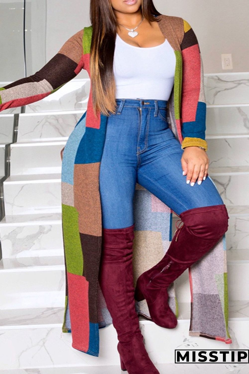 Black And White Casual Geometric Print Patchwork Plus Size Overcoat