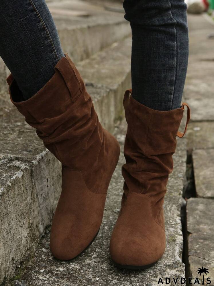 Faux Suede Stitch Detail Flatform Slouchy Boots
