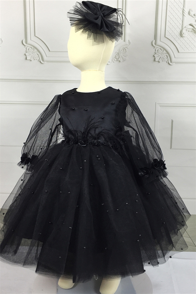 Bellasprom Dusty Pink Tulle Sleeves Flower Girl Dress With pearls Bellasprom