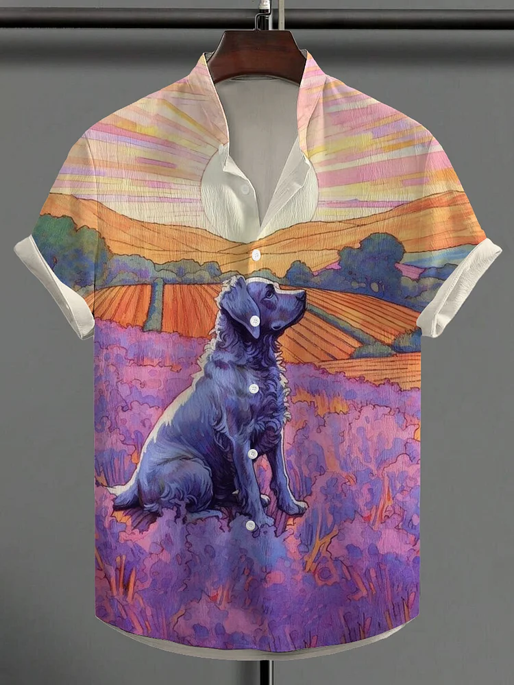 Men's Dog Pastoral Scenery Art Print Linen Blend Shirt