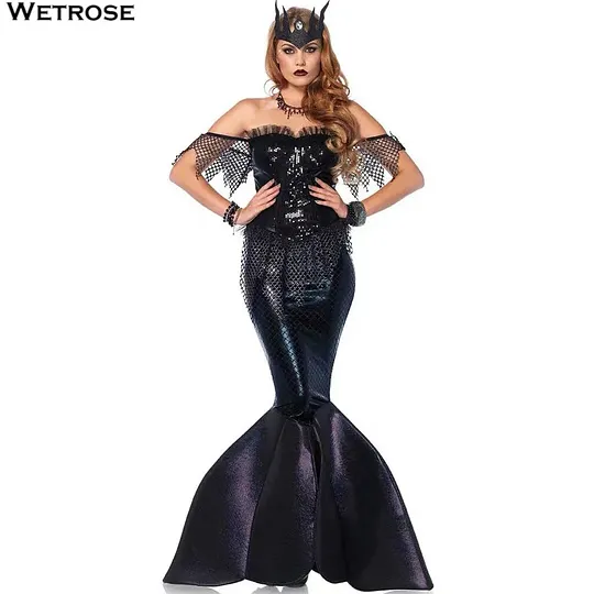 Wetrose] In Stock Black Mermaid Cosplay Costume Devil Fish Queen Dress  Bodysuit Evil Purple Halloween Full