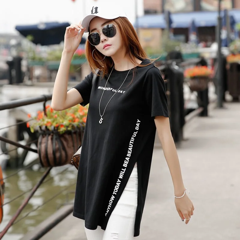 FEKEHA Summer T-Shirt Women Side Split Sexy Long T shirt Women 2020 New Letter Print Black White Cotton Harajuku Tops