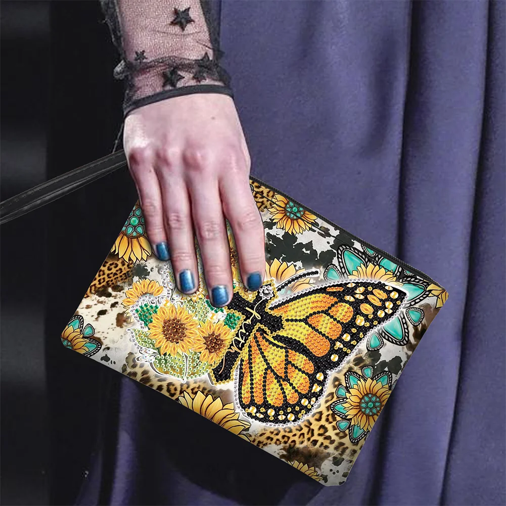 DIY Butterfly PU Partial Special Shaped Diamond Painting Wallet Makeup Bag