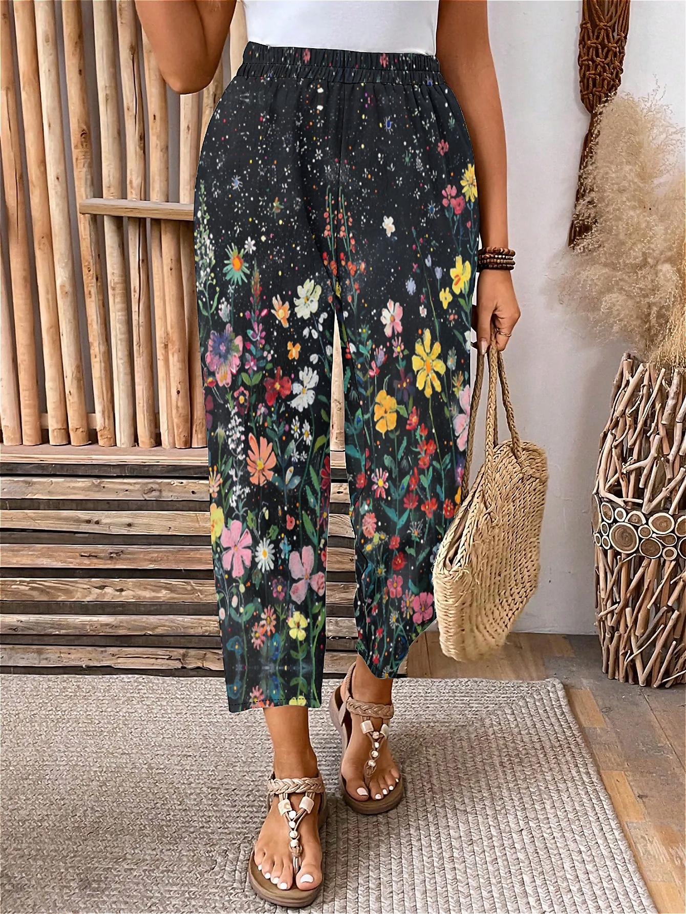 Plus Size Elastic Waist Floral,Bohemian Printed Pants