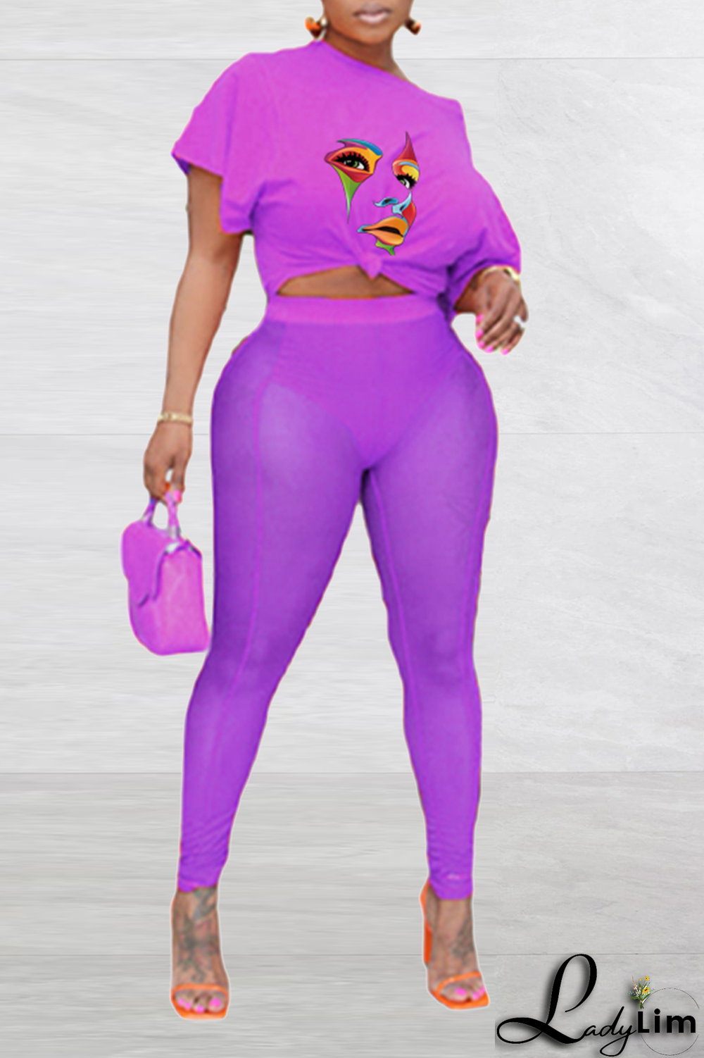 Sky Blue Sexy Print Mesh One Shoulder Short Sleeve Two Pieces