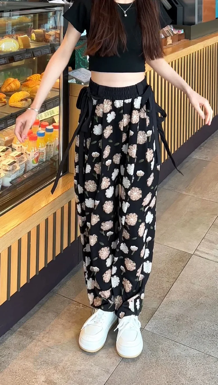 High Waist Ribbon Ice Silk Wide Leg Pants-Buy 2 Free Shipping