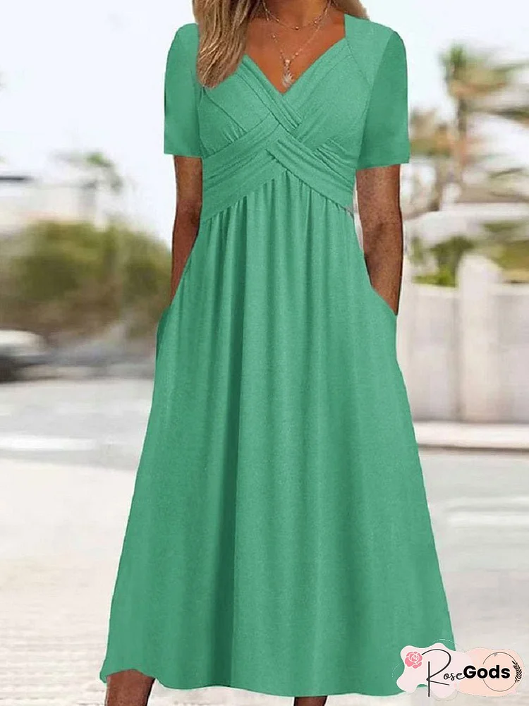 Women's Half Sleeve V-neck Solid Color Pockets Midi Dress