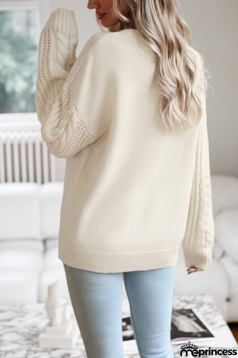 Cable-Knit Round Neck Drop Shoulder Sweater