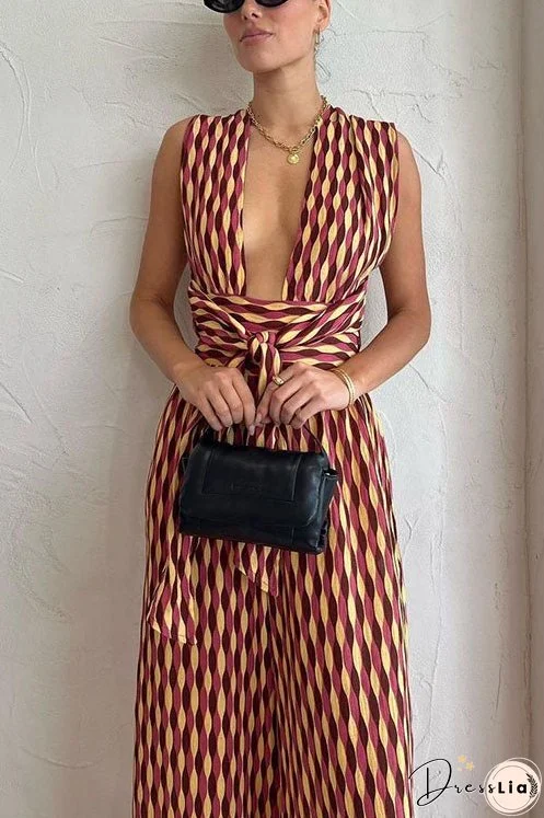 Meridress Chic Back Criss Cross Knot Waist Wide Leg Printed Jumpsuit