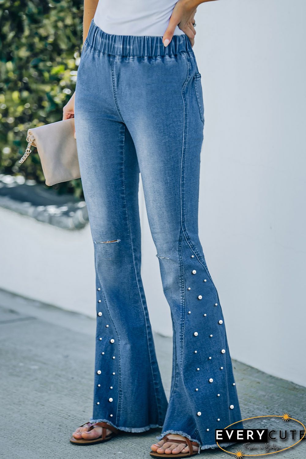 Sky Blue Beaded Ripped Elastic High Waist Flare Jeans