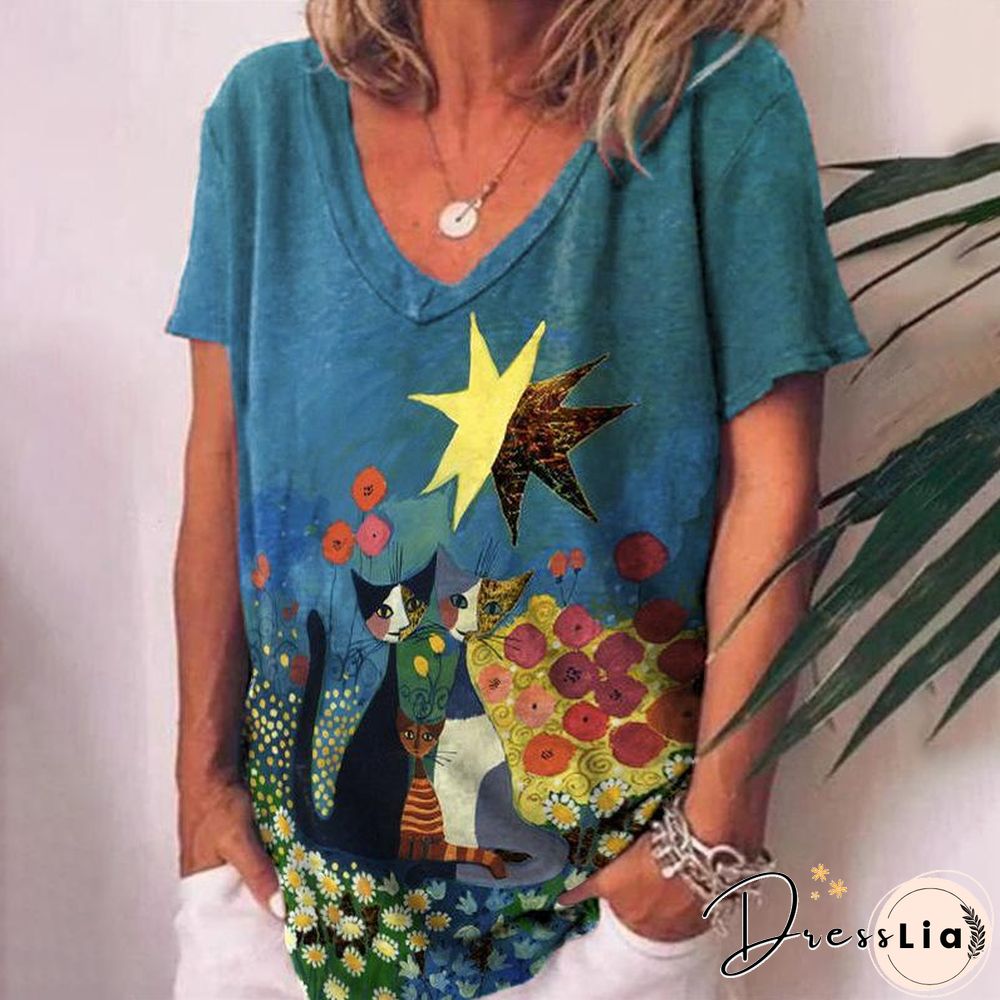 V Neck Black Cat Printed Pink T-Shirt