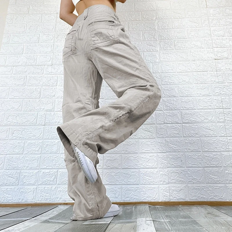 Rapcopter Gray Ruched Cargo Jeans Zipper Button High Waisted Sweatpants Vintage Pockets Zipper Baggy Denim Trousers Women Korean