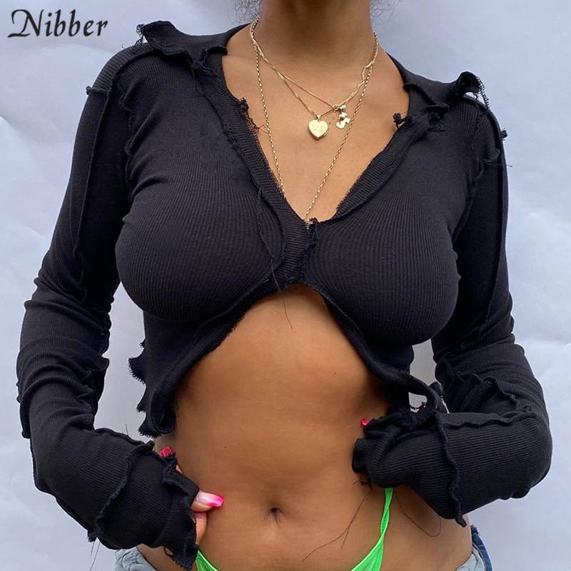 Nibber Autumn Patchwork Broken Design Mesh Crop Top For Women Sexy Punk Style Long Sleeve T-shirt Street Casual Wear Tees Female