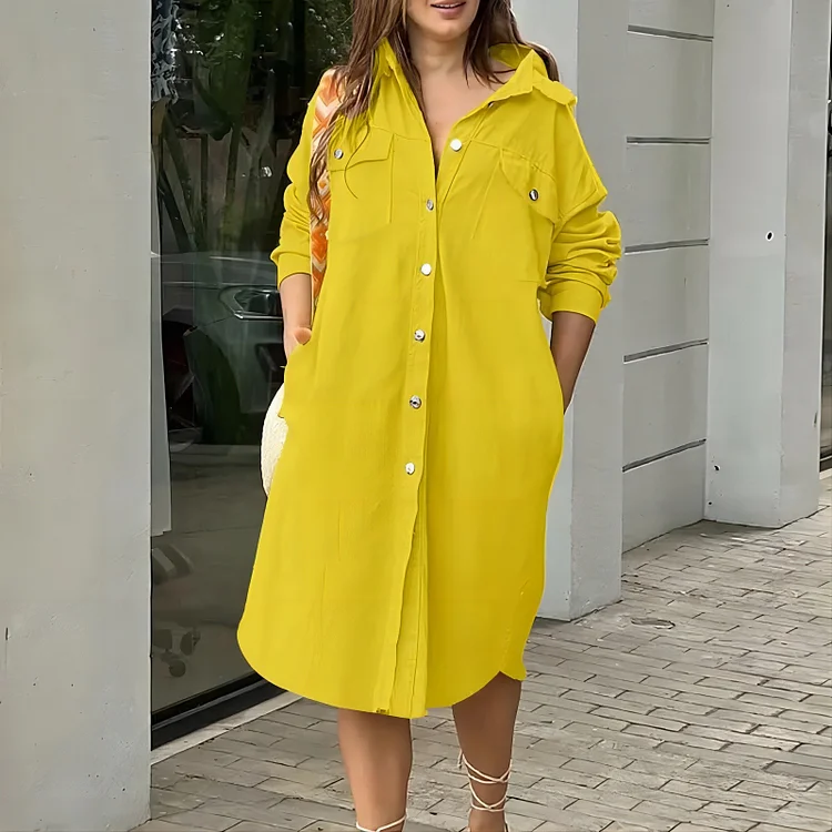 Women's Solid Shirt Dress Lapel Single Breasted Shirt Dress