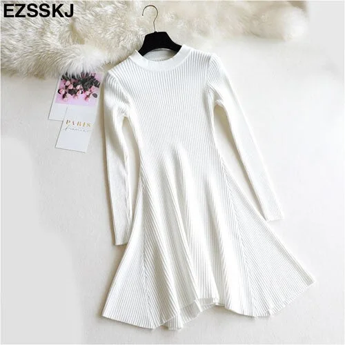 chic Autumn Winter black Sweater Dress Women o-neck Long Sleeve A Line thick Knit mini Dress female girl short bodycon dress