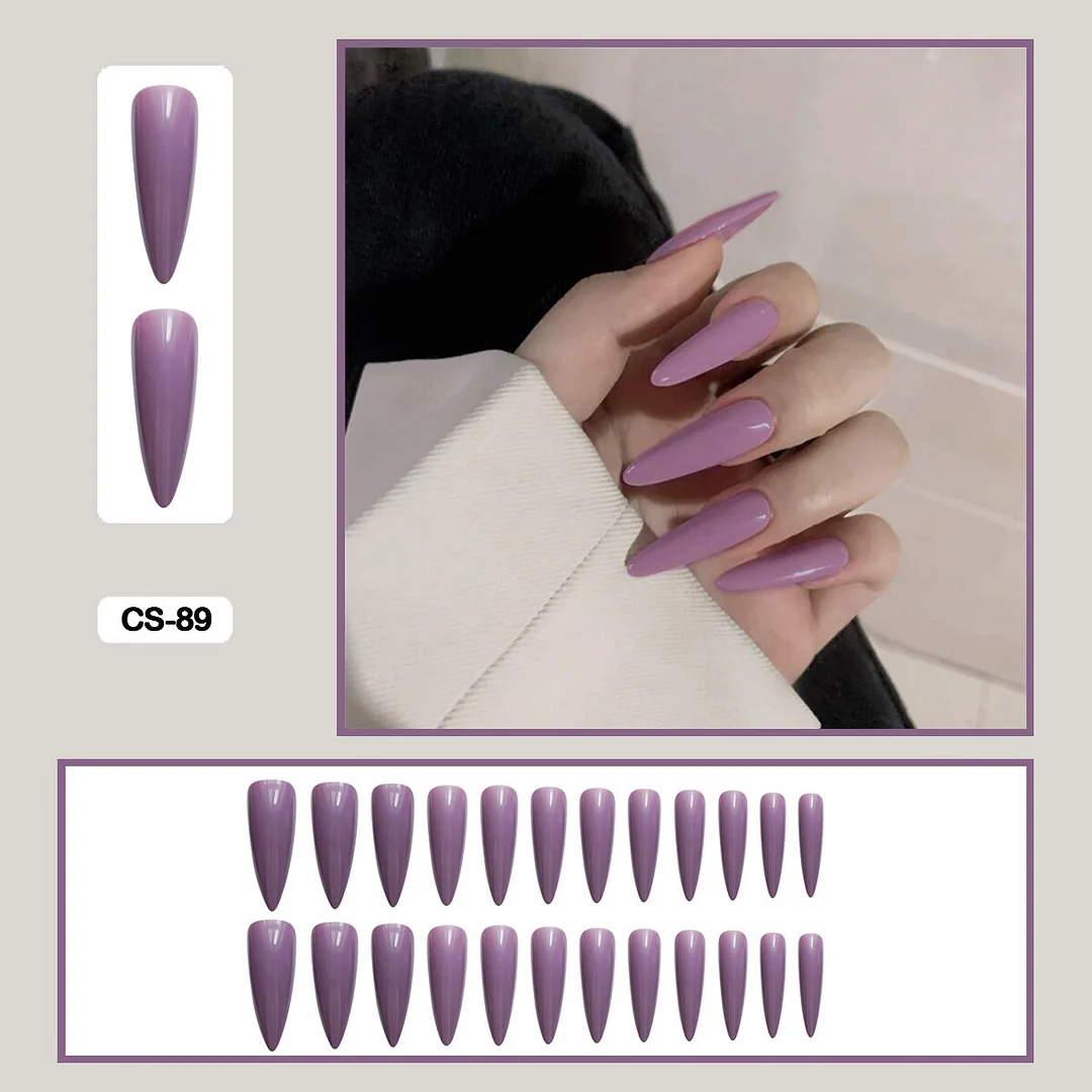 24pcs/box Long Trapezoid Drop Shaped False Nails With Glue Pure Color Elegant Nail Art Wearable Fake Nails With Wearing Tools-Nail Inspo
