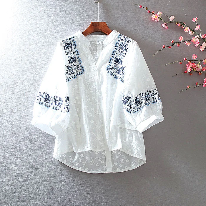 Women's Embroidery Flower High Waist Lantern Sleeve Half Sleeve Pullover Lace Top