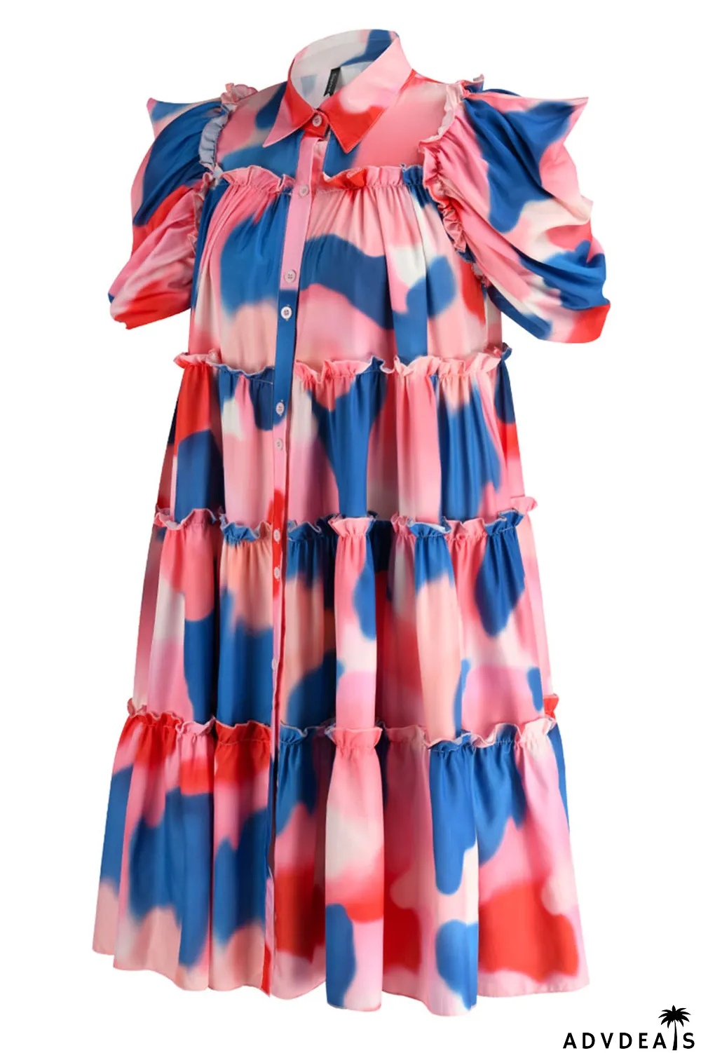 Pink Fashion Casual Print Patchwork Buckle Turndown Collar A Line Dresses