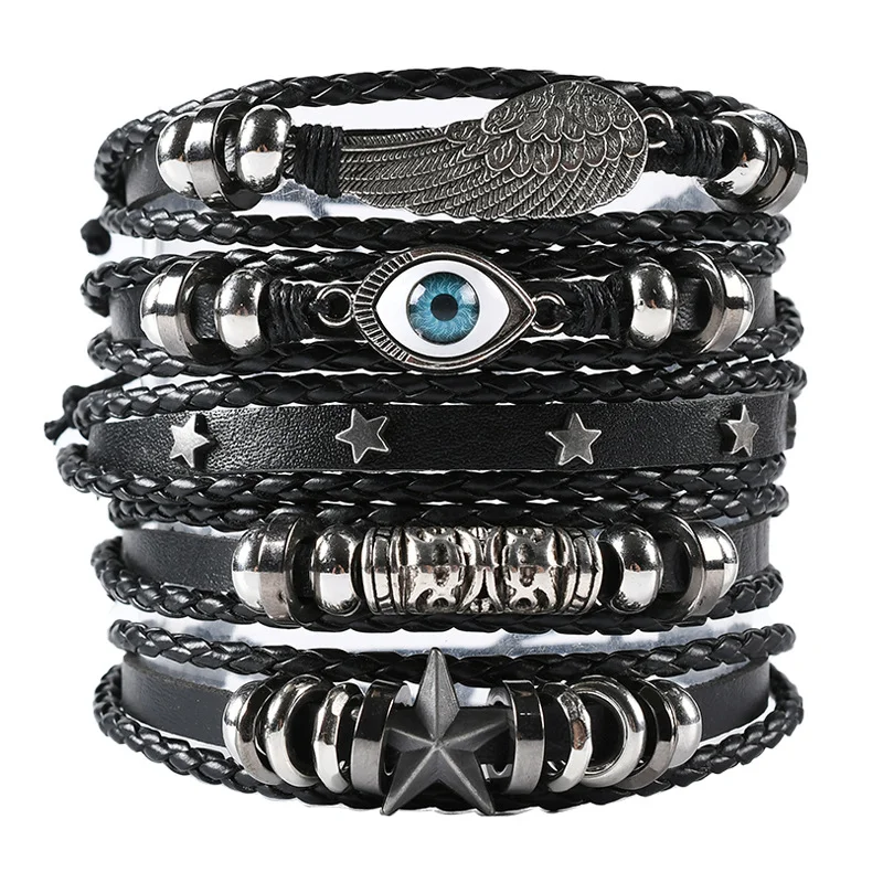 Eyes stars punk leather braided bracelet set
