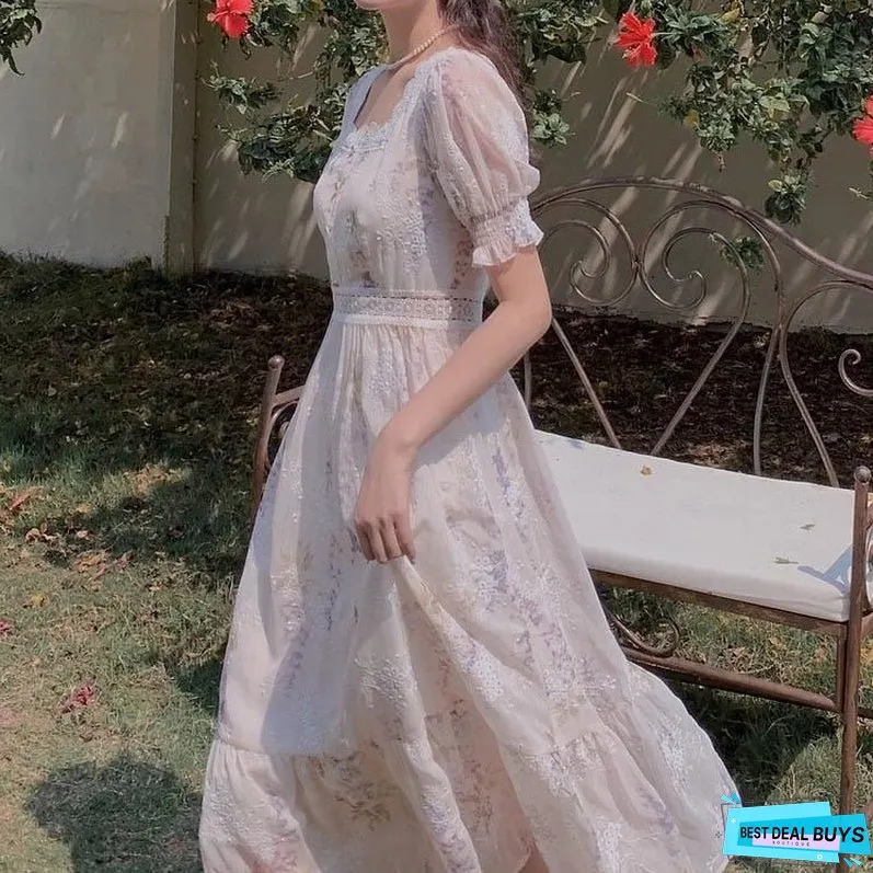 Back to College One Piece Dress Korean Lady Elegant Vintage Dress Women Casual Floral Design Sexy Midi Dresses Evening Lace-Up Summer Chic