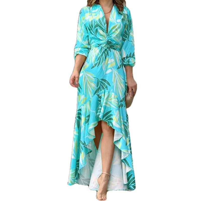 Brownm Brownm Fashion Women's Wear Ins Fashion Print Lace-Up Temperament Elegant Slit Dress