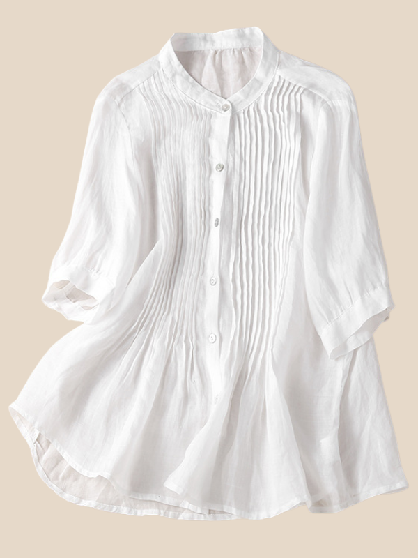 Women's Cotton Linen Shirt Stand Collar Pleated Design Ladies Linen Blouse Top