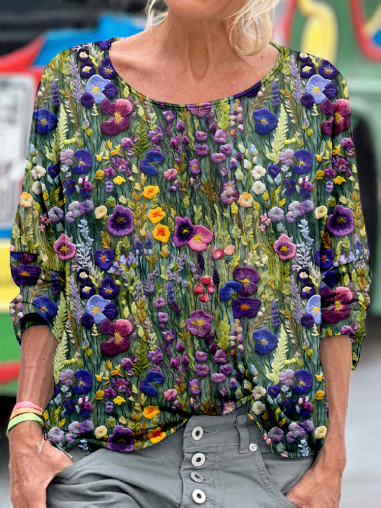 Comstylish Elegant Violet Wildflower Embroidered Comfy T Shirt