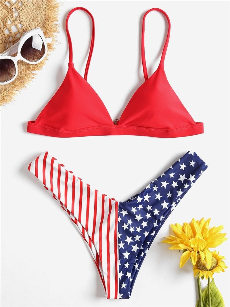American Flag Print Bandage Bikini Set Triangle Halter Swimsuit Sexy Swimwear