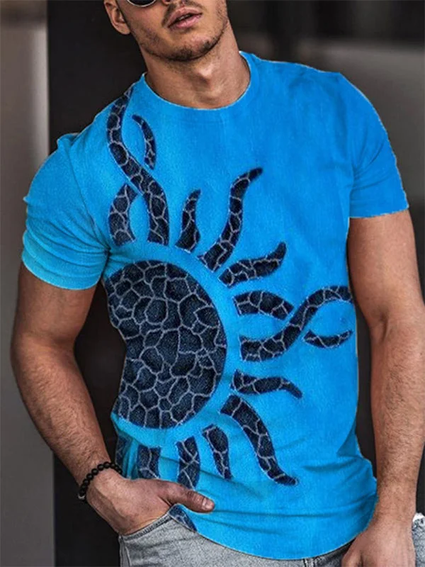 Blue Sun Printed Round Neck Loose T-shirt