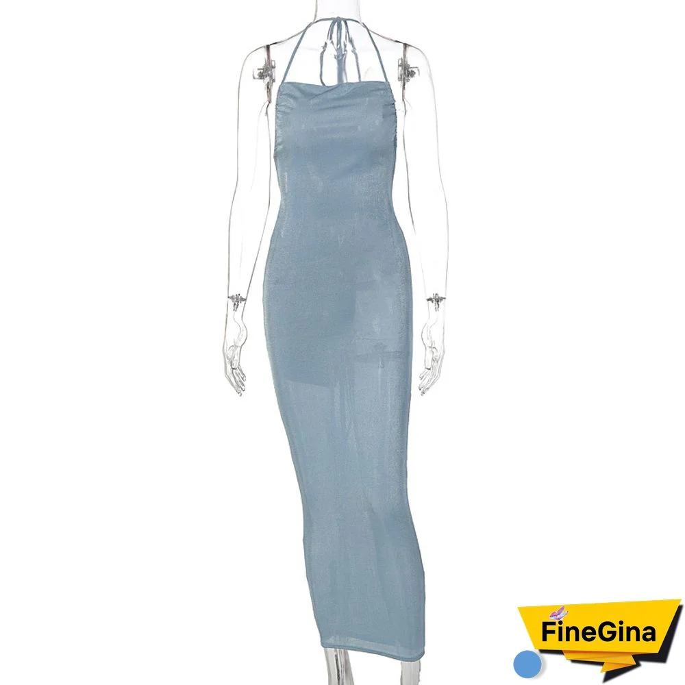 Backless Maxi Dress Sexy Orange Spaghetti Strap Slim Dress For Women Long Club Party Beach Dress Summer Blue Outfits New