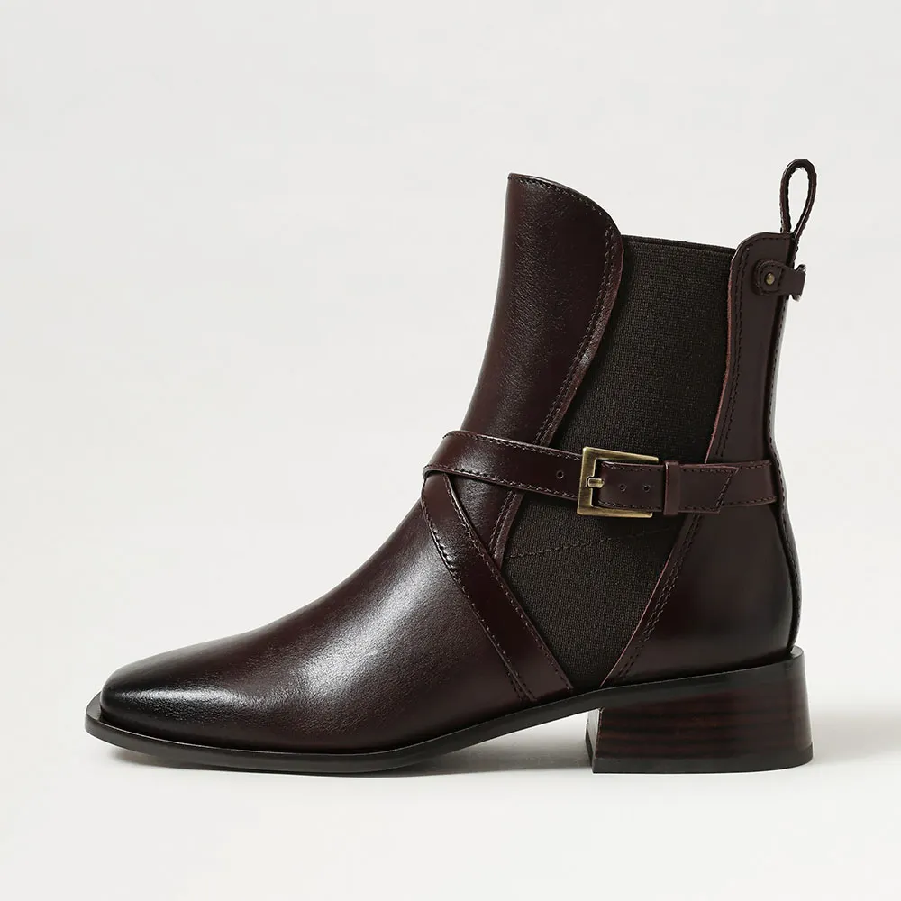 Brown Faux Leather Square Toe Buckle Pull On Booties for Women