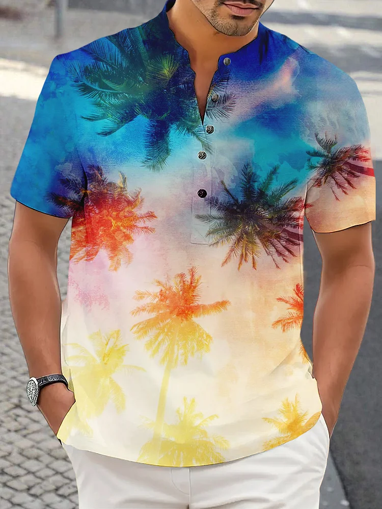 Men's Tie Dye Coconut Tree Print Half Button Shirt