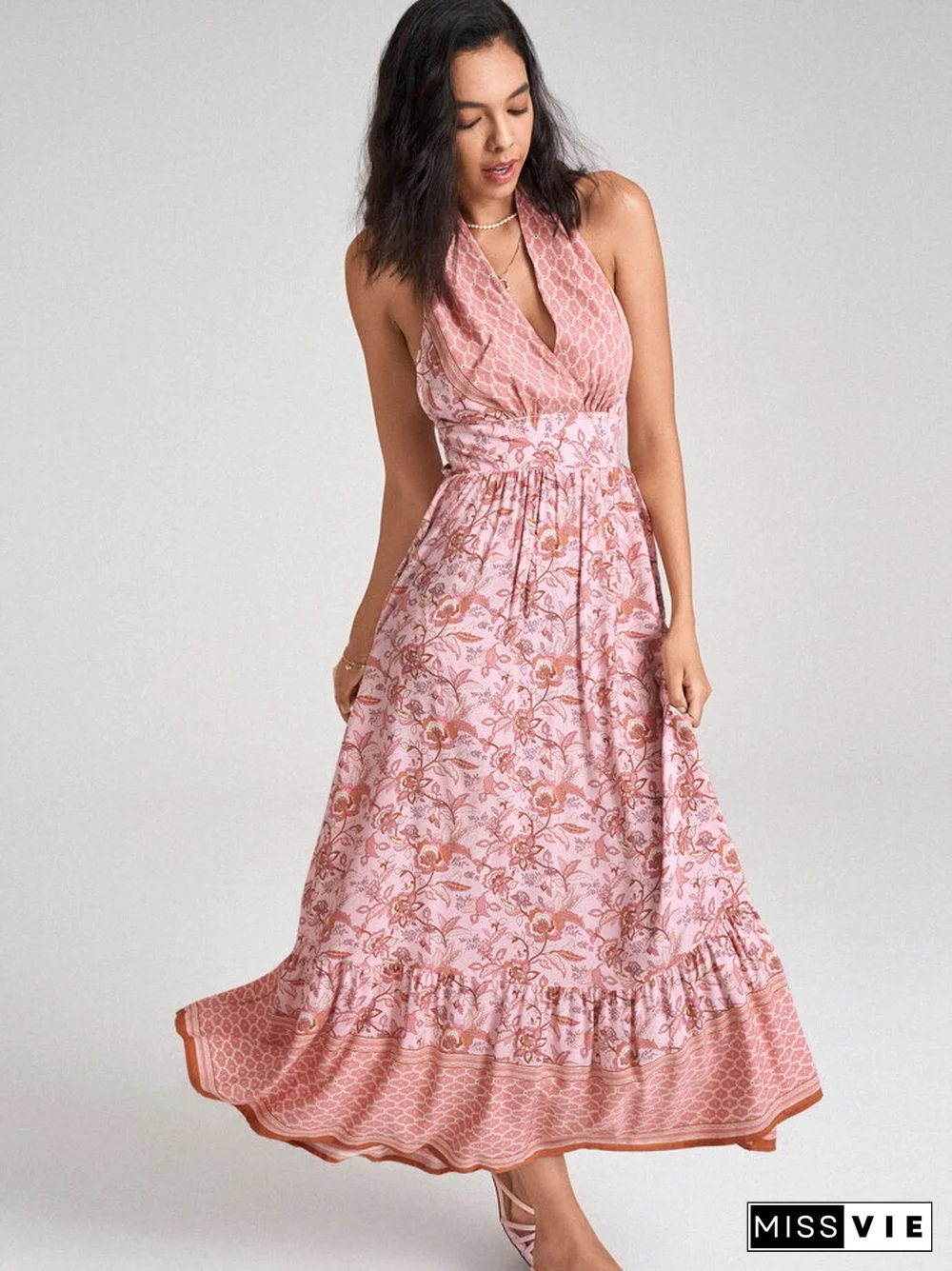 Bohemian Flower Self Tie Halter Open Back Bow Maxi Swing Dress