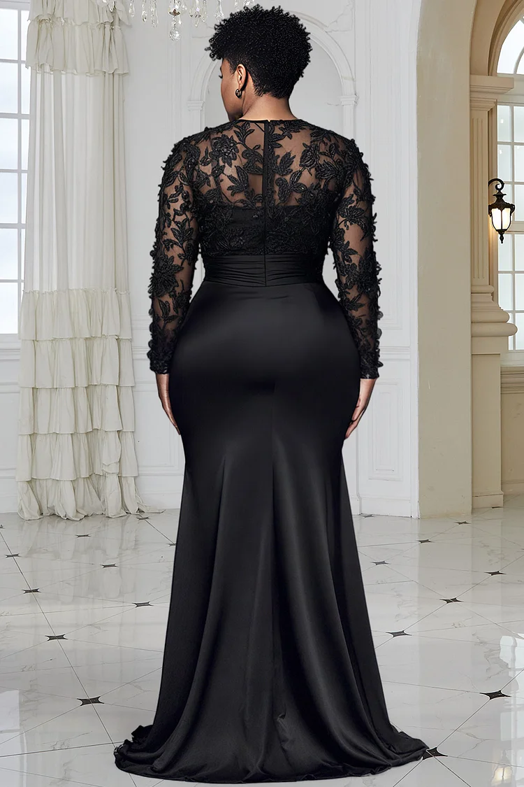 Xpluswear Design Plus Size Formal Black Round Neck Long Sleeve Split Elegant See Through Lace Satin Maxi Dresses [Pre-Order]