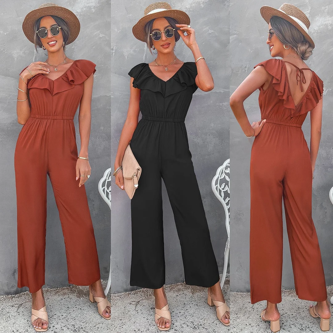 European And American Women's Solid Color Open Back Jumpsuit Summer Off Shoulder Casual Sundress Women Beachwear Jumpsuit Ruffle High Waist Jumpsuits Female Overalls Body Mujer