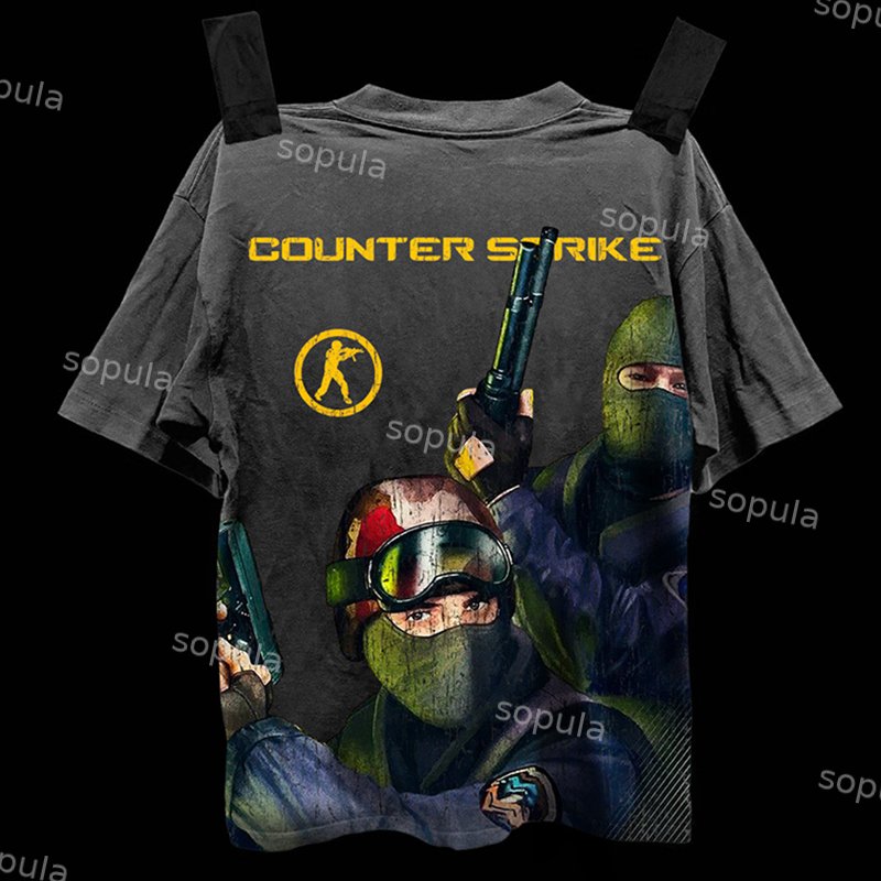Gunfight Retro Nostalgic Vintage-Counter Strike - Old Vintage Pattern Print Acid Washed T-Shirt - SOPULA