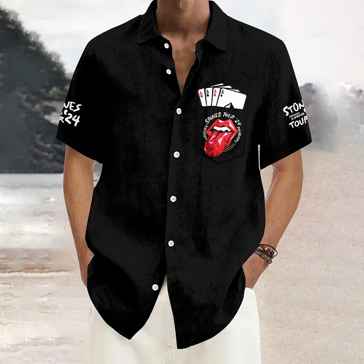Men's Stones Tour 2024 Diamond Lips Poker Graphics Art Pocket Shirt