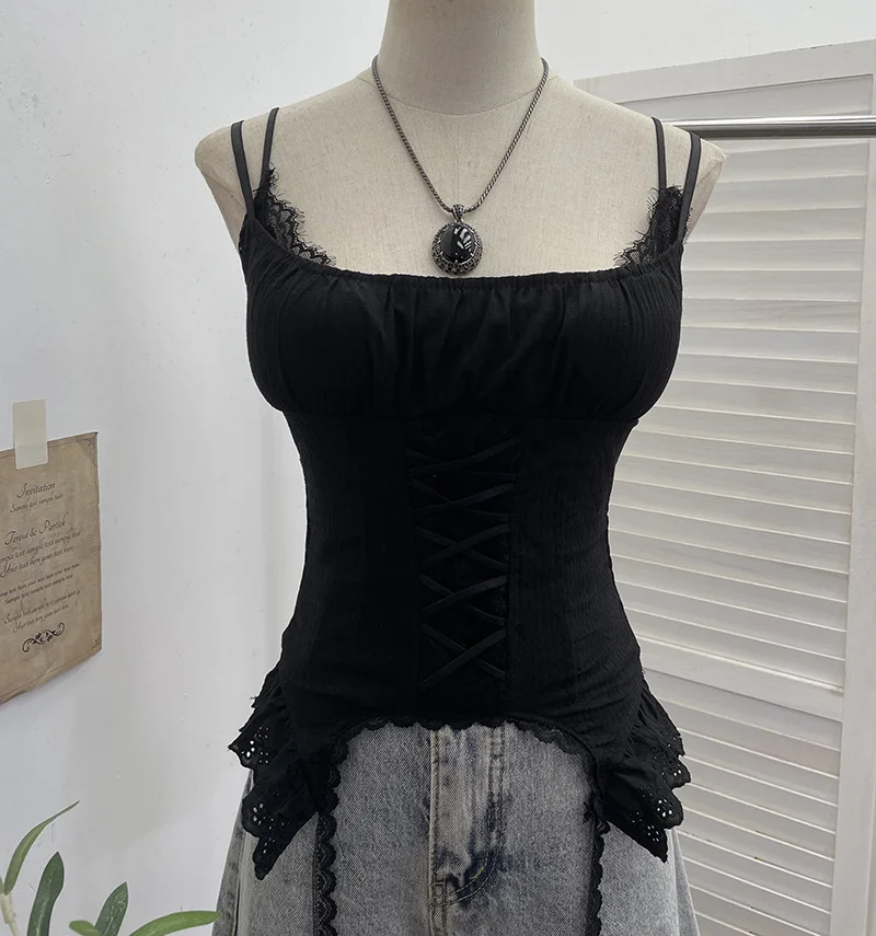 Nigikala Nigikala Outside Wearing Hottie Fake Two Splicing Lace Slings Vest Short Sleeveless Top 12282