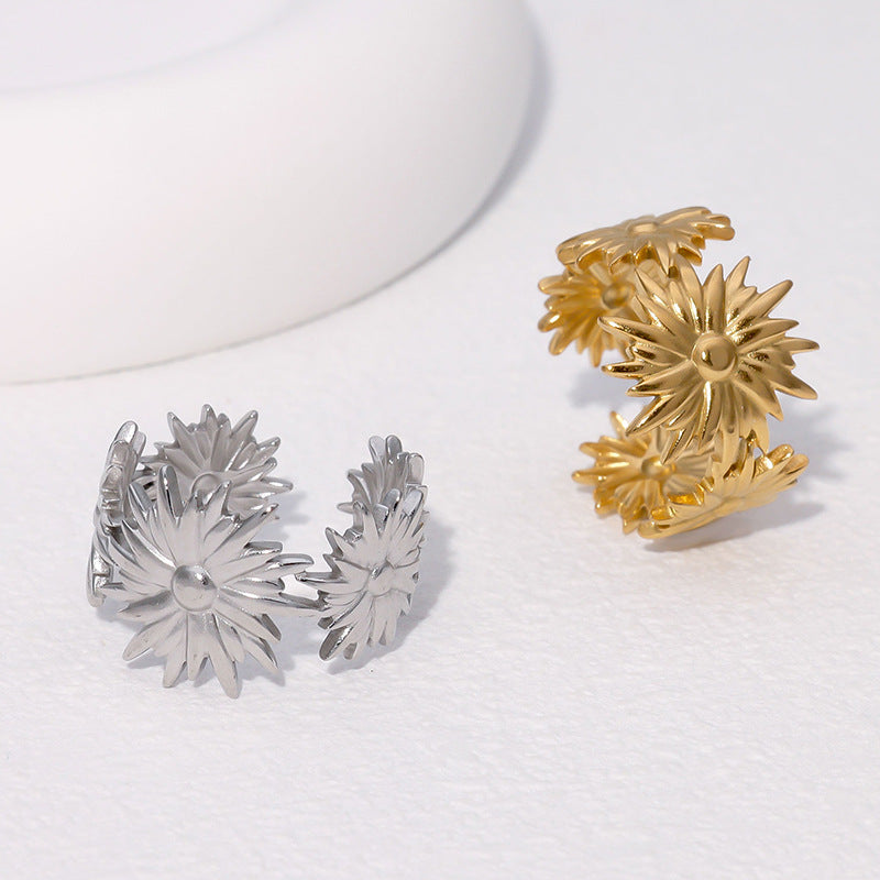 Small Design Flower Ring Simple Cold Style Metallic Stainless Steel Ring Adjustable