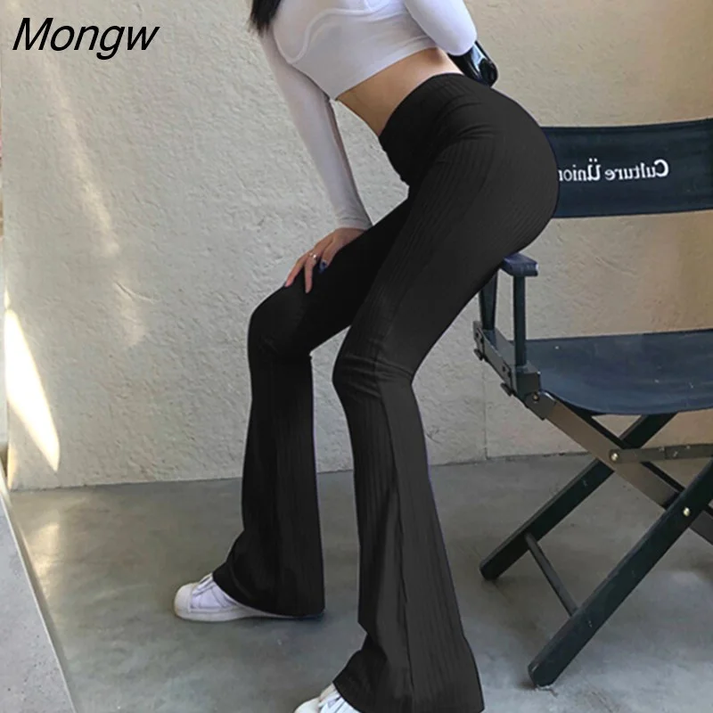 Mongw Summer Elegant Slim Knitted Ribbed Flare Pants Casual High Waist Trousers Vintage Bottoms Laides Purple Sweatpants