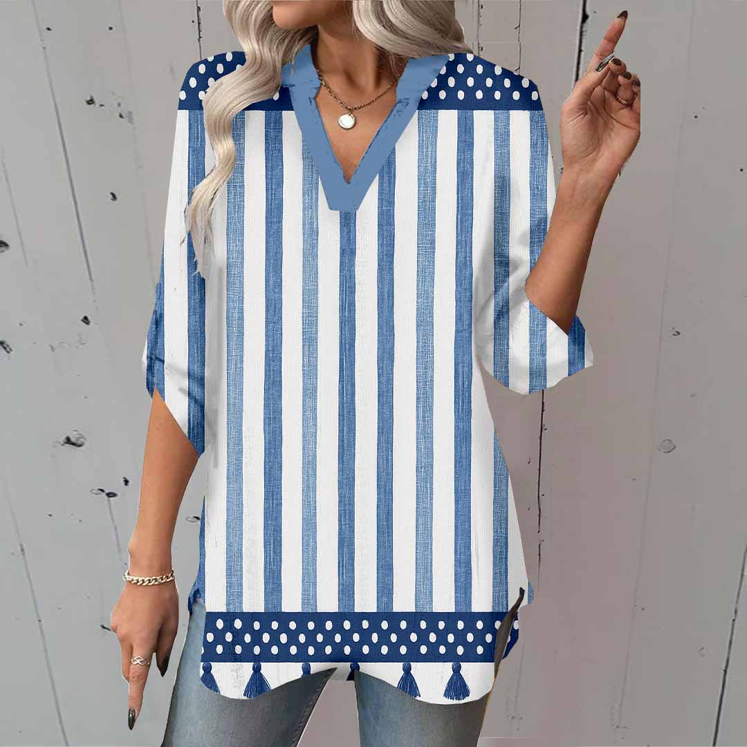 Women Striped, Blue DZGA0336 3/4 Sleeve V-neck Printed Graphic Button Tops