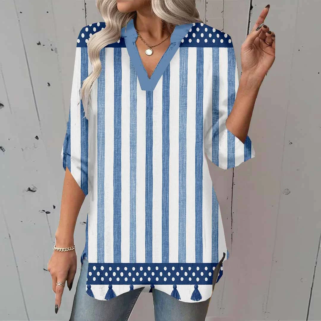 Women Striped, Blue DZGA0336 3/4 Sleeve V-neck Printed Graphic Button Tops