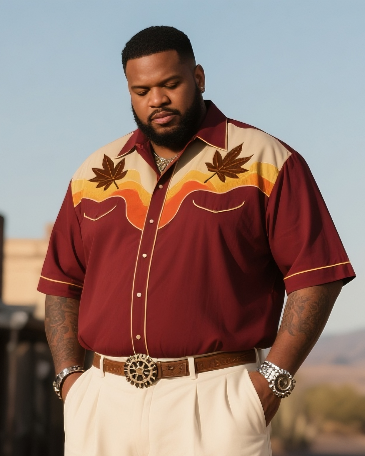 Men's Plus Size Western Denim Color Matching Dusk & Maple Leaf Print Short Sleeve Shirt