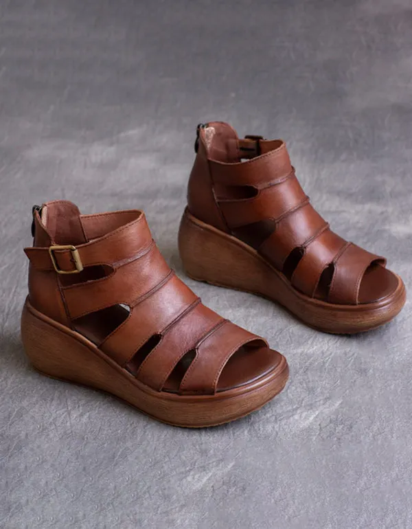 Women's Retro Leather Peep Toe Ankle Strap Sandals