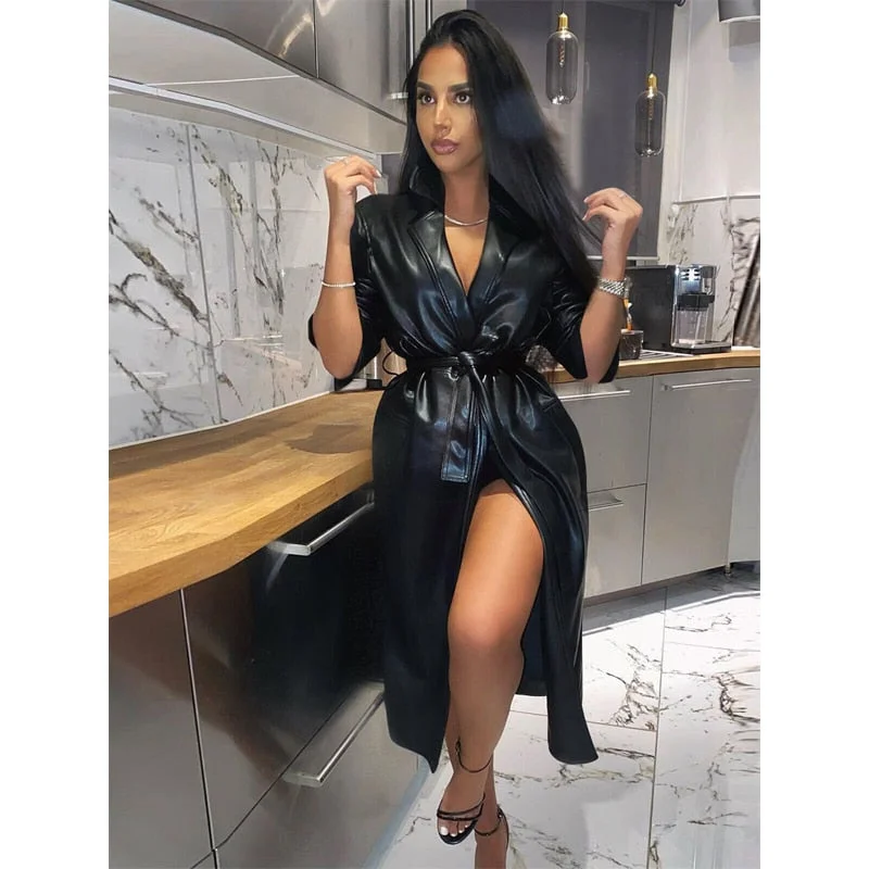 Women Autumn PU Leather Long Sleeve Dress With Belt Black High Waist Sexy V neck Dresses For Office Ladies Elastic Club Outfits
