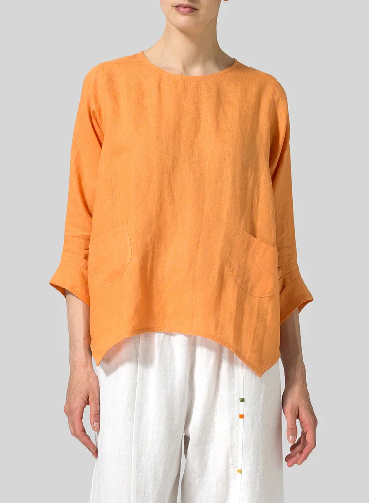 Cotton And Linen Crew Neck 3/4 Sleeve Shirt
