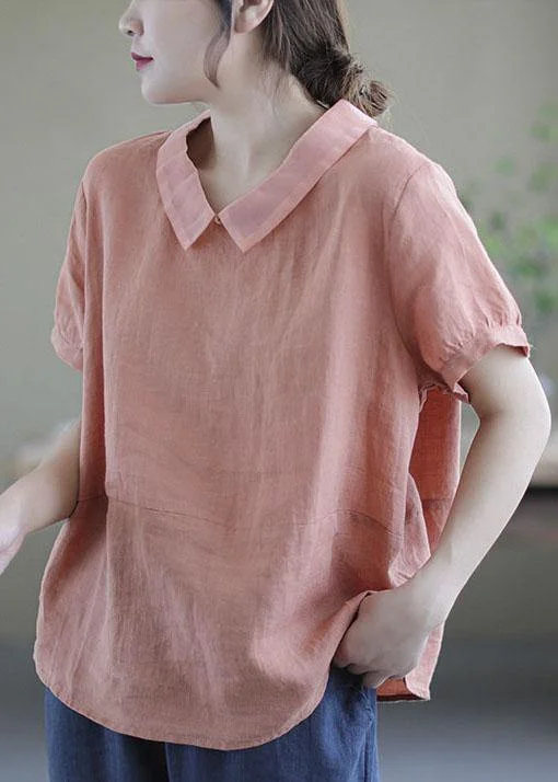 Women Pink Peter Pan Collar Patchwork Summer Ramie Shirts Short Sleeve