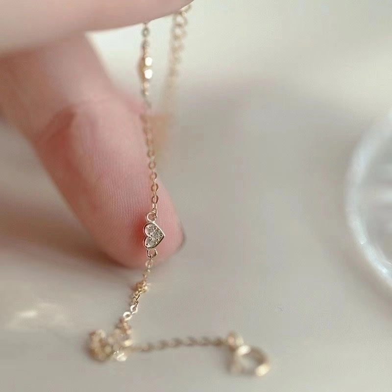 Minimalist Heart Shape Sterling Silver Plating Inlay Zircon 14k Gold Plated Bracelets