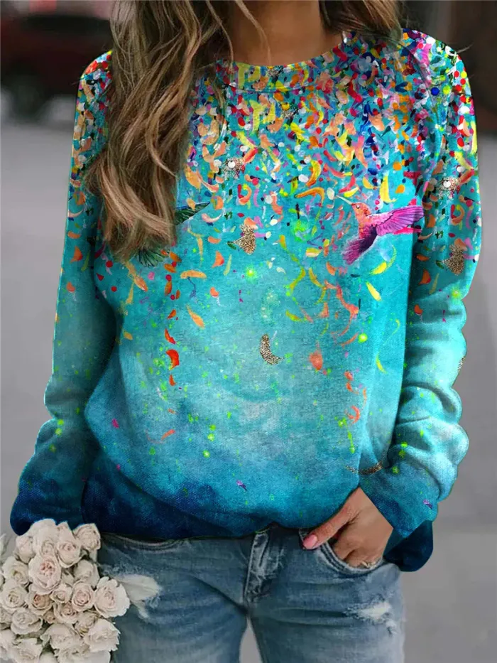 Women's Sweatshirt Casual Floral Printed Crew Neck Blue Sweatshirt